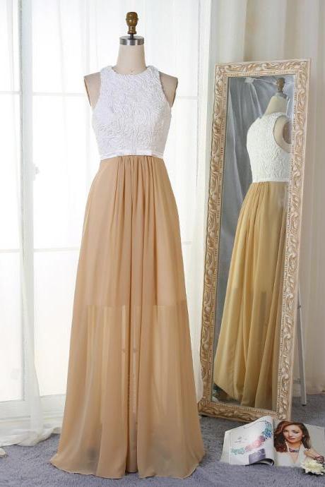 A-line Jewel Floor-length Champagne Chiffon Prom Dress With Appliques,pl5838