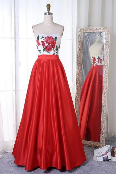 A-line Sweetheart Floor-length Red Printed Satin Sleeveless Prom Dress,pl5840