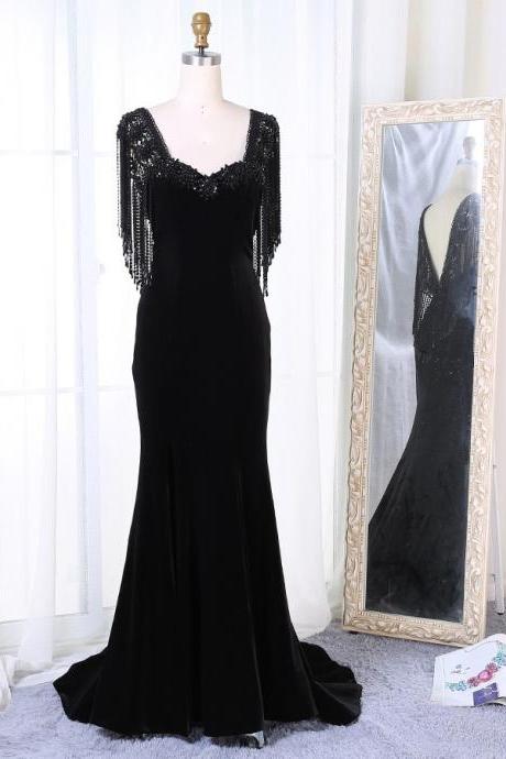 Mermaid Square Sweep Train Black Satin Backless Prom Dress With Beading,pl5841