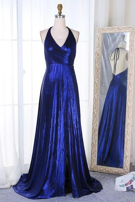 A-line Deep V-neck Sweep Train Royal Blue Backless Satin Prom Dress,pl5842