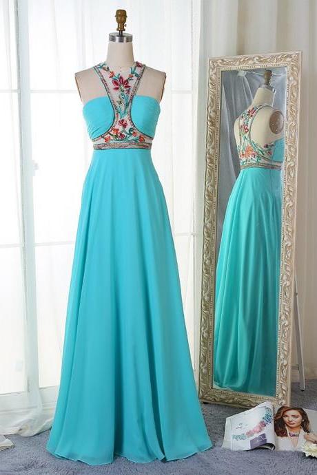 A-line Jewel Floor-length Blue Chiffon Prom Dress With Embroidery Pleats,pl5843