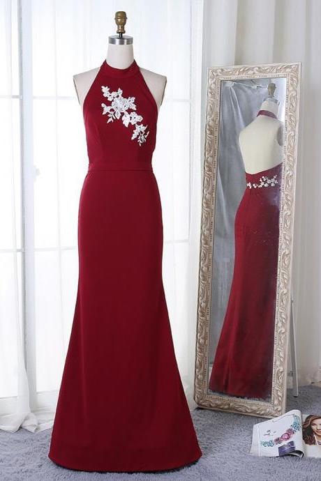 Mermaid Jewel Floor-length Dark Red Satin Prom Dress With Appliques Beading,pl5845