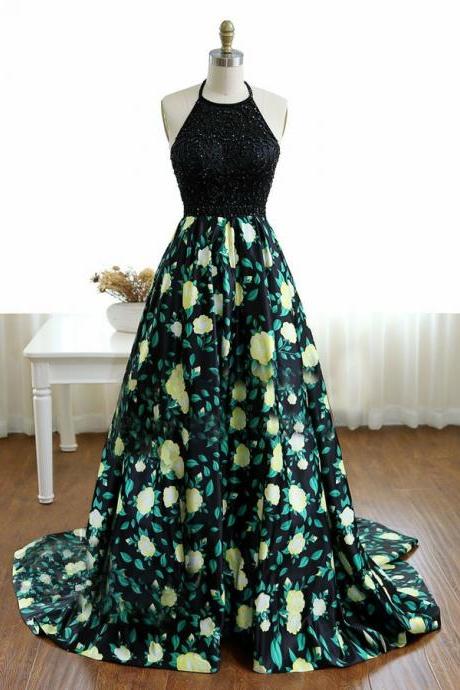 A-line Halter Sweep Train Black Printed Satin Prom Dress With Beading,pl5849