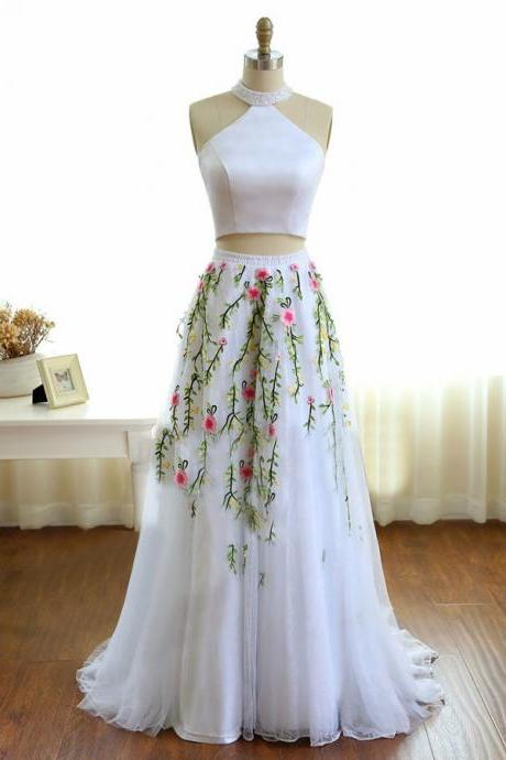 Two Piece High Neck Sweep Train White Lace Prom Dress With Beading Embroidery,pl5850