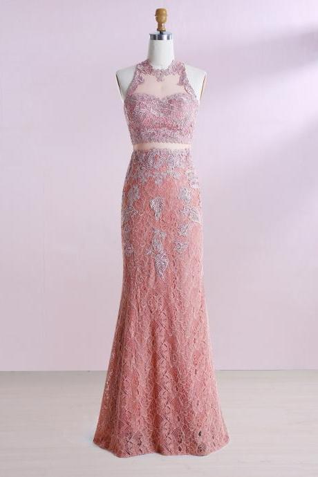 Sheath Round Neck Blush Lace Prom Dress Illusion Back With Appliques,pl5852