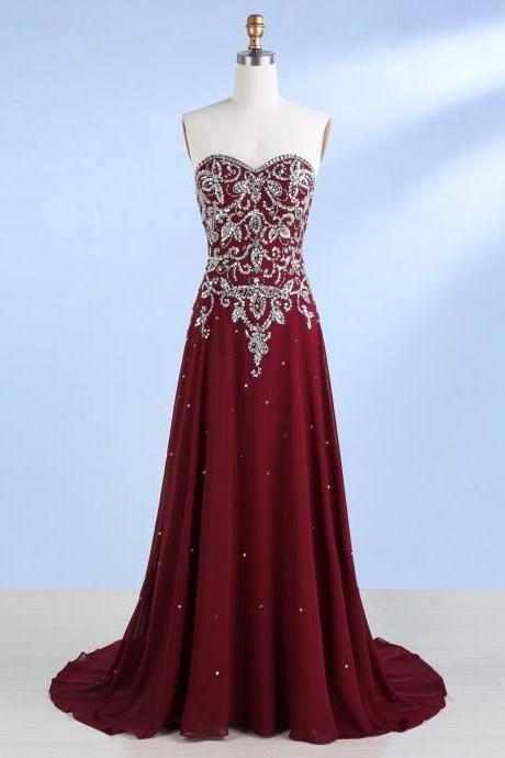 A-line Sweetheart Sweep Train Maroon Chiffon Prom Dress With Beading Sequins,pl5853
