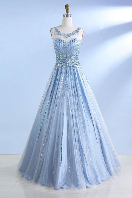 A-line Bateau Light Sky Blue Tulle Open Back Prom Dress With Beading Sequins,pl5854