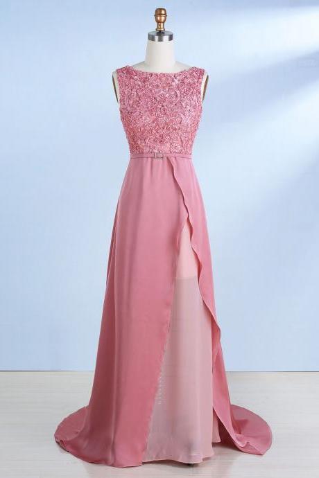 A-line Bateau Sweep Train Blush Chiffon Prom Dress With Lace,pl5855