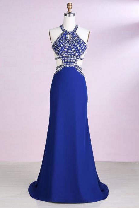 Sheath Round Neck Keyhole Royal Blue Backless Prom Dress With Rhinestones,pl5856