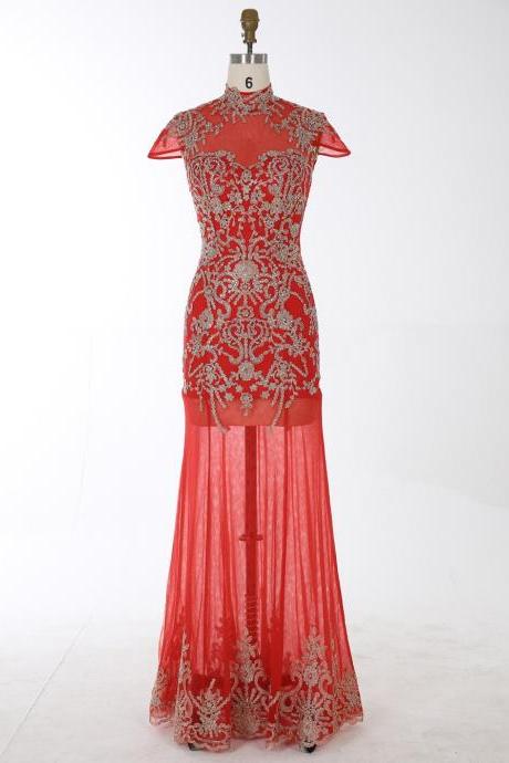 Mermaid High Neck Long Chiffon Cap Sleeves Backless Red Prom Dress With Beading Appliques,pl5858