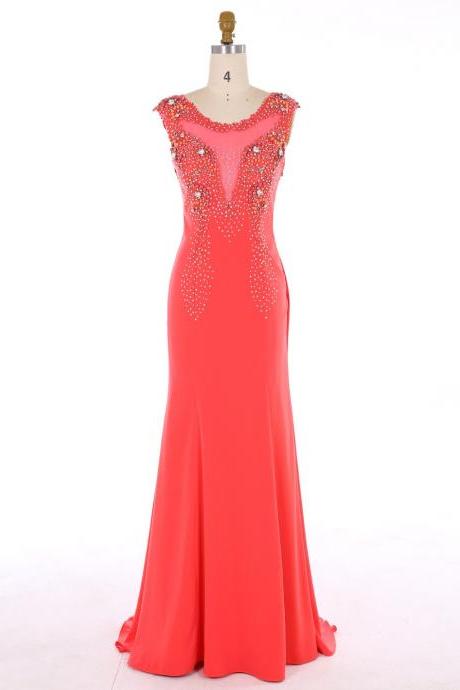 Mermaid Scoop Sweep Train Chiffon Coral Prom Dress With Beading,pl5860