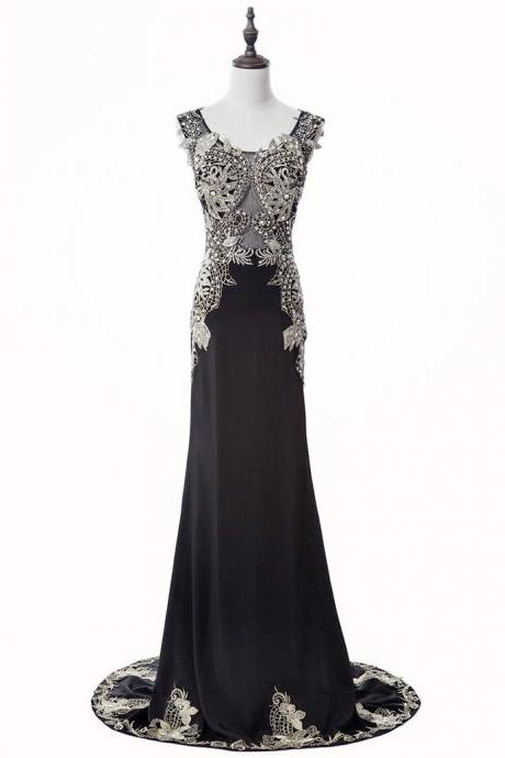 Mermaid Scoop Sweep Train Chiffon Black Evening/prom Dress With Appliques,pl5861