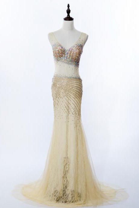 Mermaid V-neck Sweep Train Tulle Champagne Prom Dress With Beading,pl5862