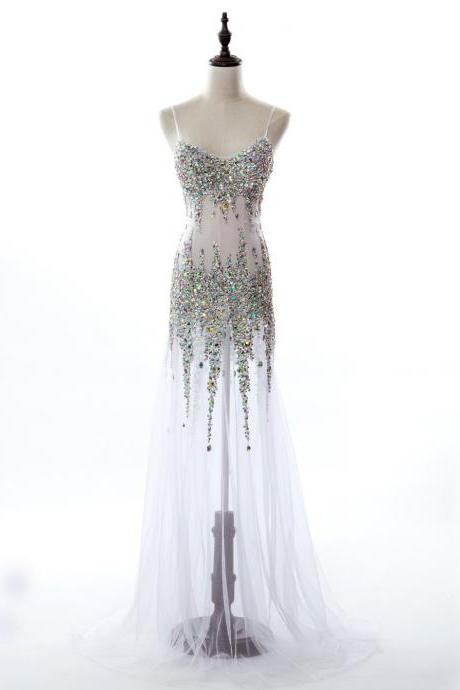 Mermaid Spaghettis Straps Sweep Train Tulle White Prom Dress With Beading,pl5863