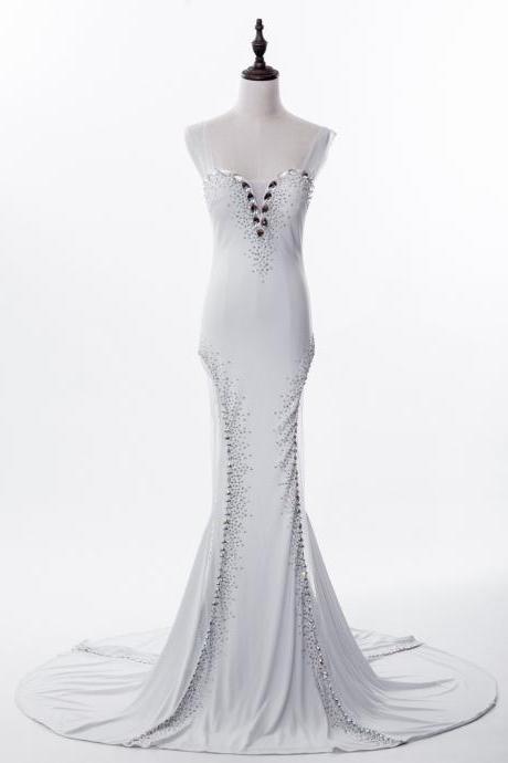 Mermaid Straps Sweep Train Chiffon White Long Prom Dress With Beading,pl5868