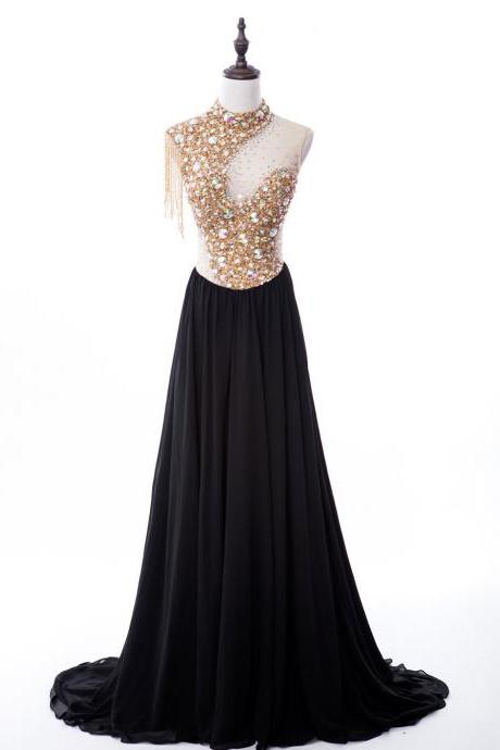 A-line High Neck Sweep Train Chiffon Black Prom Dress With Beading,pl5869