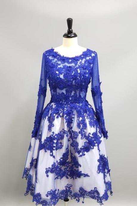 Delicate Ruyal Blue Appliques Prom Dress 2018 Long Sleeve,pl5871