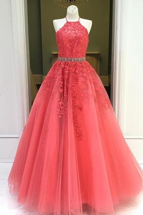 Red Appliques Long Prom Dress,pl5874