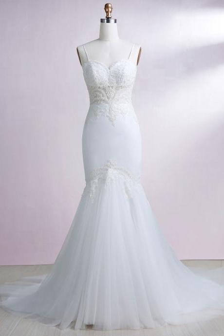 Mermaid Spaghetti Straps Court Train Tulle Wedding Dress With Beading Appliques,pl5877