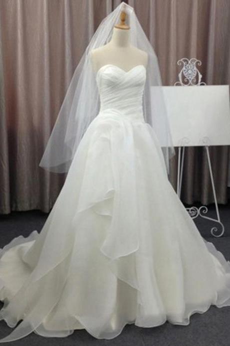 A-line Sweetheart Sleeveless Sweep Train Ruched Organza Wedding Dress,pl5879