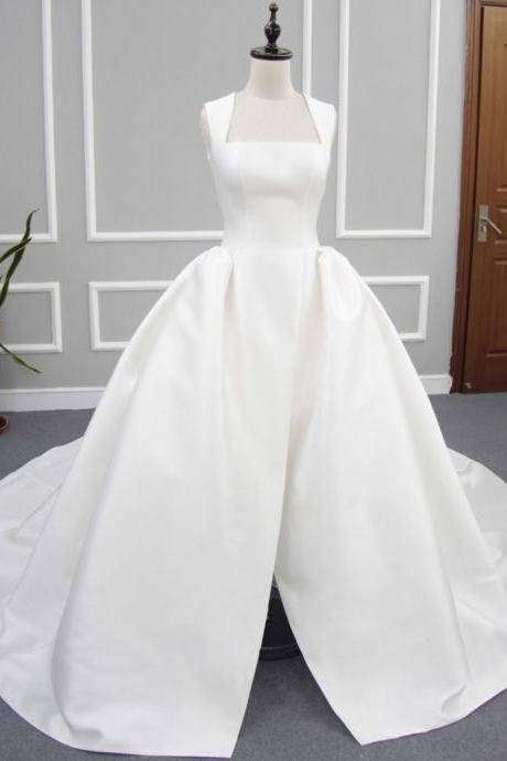 Ball Gown Square Sleeveless Court Train Pleated Wedding Dress Open Back With Split,pl5885