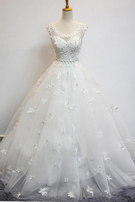Ball Gown Scoop Sleeveless Long Tulle Wedding Dress With Beading Appliques,pl5590