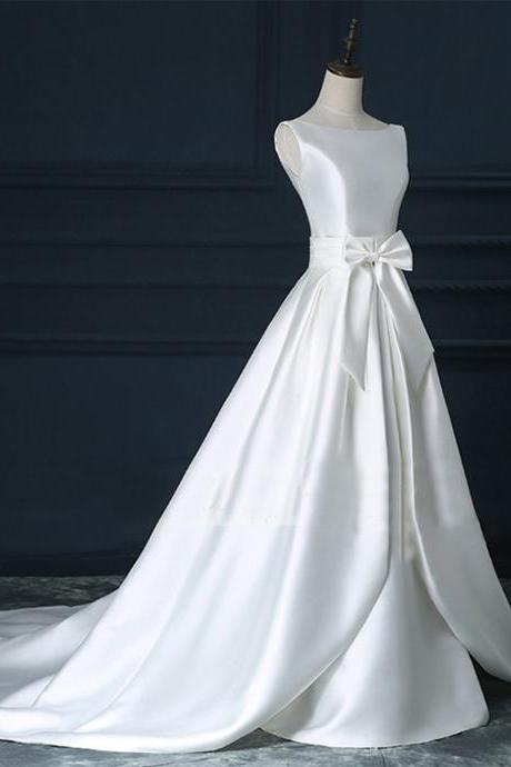 A-line Wedding Dress - Scoop Court Train Satin Backless Zipper-up Bowknot Ruched,pl5891
