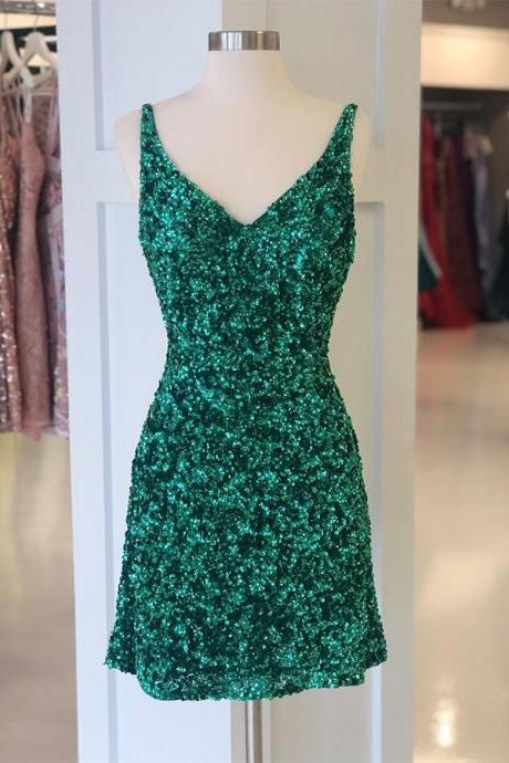 Sequin V-neck Green Homecoming Dress,pl5598