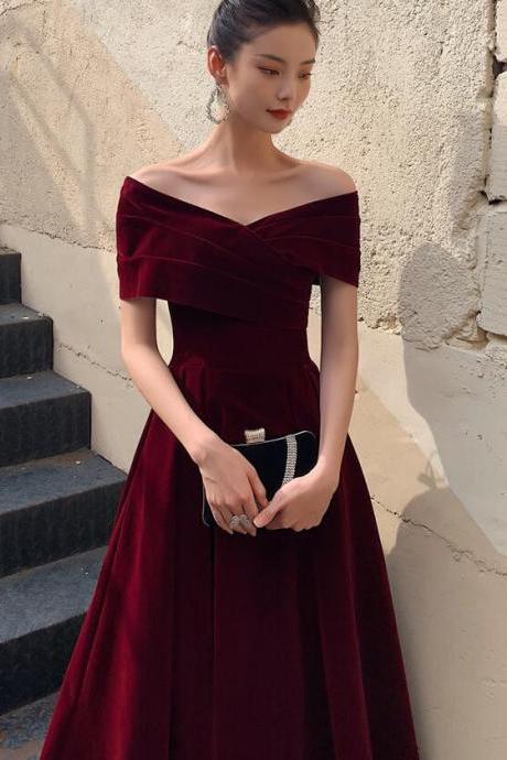 Elegant Burgundy Off Shoulder Sweetheart Velvet Party Dress, A-line Long Formal Dress Prom Dress,pl5900