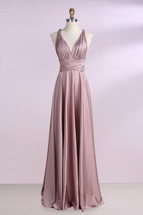 A-line V-neck Blush Stretch Satin Convertible Prom Bridesmaid Dress,dr9570