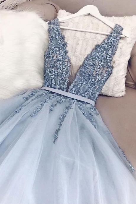 Blue V Neck Tulle Beads Long Prom Dress, Evening Dress,dr9535