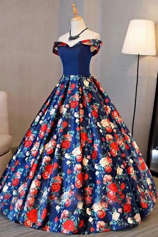 A-line Off-the-shoulder Sweep Train Royal Blue Printed Satin Sleeveless Prom Dress,dr9522