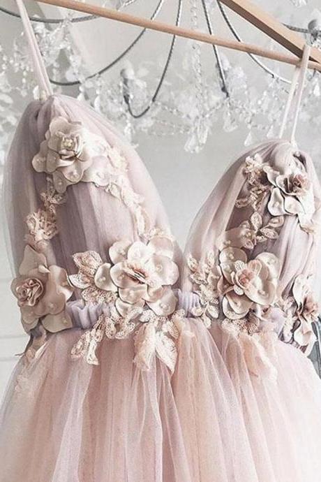 Sweetheart Neck Pink Floral Tulle Prom Dresses, Pink Floral Wedding Formal Graduation Dresses,ds1761