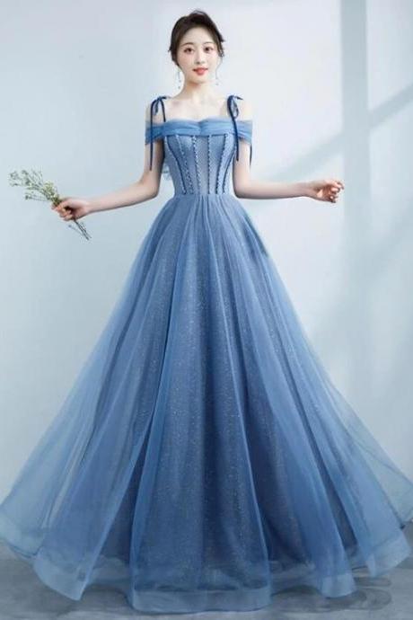 Blue Shiny Tulle Off Shoulder Beaded Straps A-line Party Dress, Blue Long Prom Dress