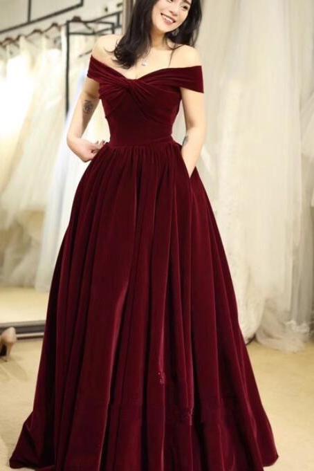 Beautiful Off Shoulder Velvet Long Party Dress, Elegant Prom Dresses