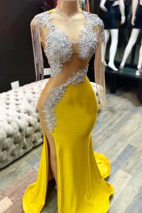 Yellow Prom Dresses, 2021 Tassel Prom Dress, Side Slit Evening Dresses, Arabic Evening Dresses, Party Dresses, Sexy Formal Dress, Evening Gowns,