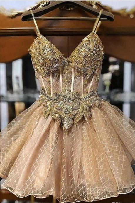 Champagne Beaded Crystals Homecoming Dresses Spaghetti A-line Lace Graduation Dresses Short Sexy Cocktail Party Gowns
