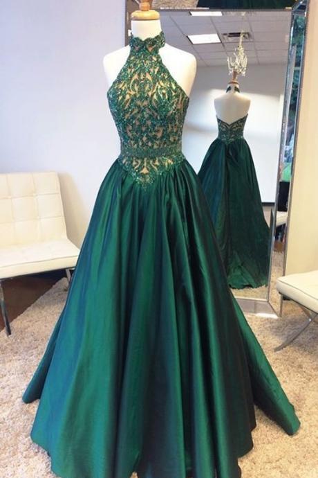 Hunter Green Prom Dress, Beaded Prom Dress, Halter Prom Dress, Backless Prom Dress, Elegant Prom Dress, A Line Prom Dress, Satin Prom Dress,