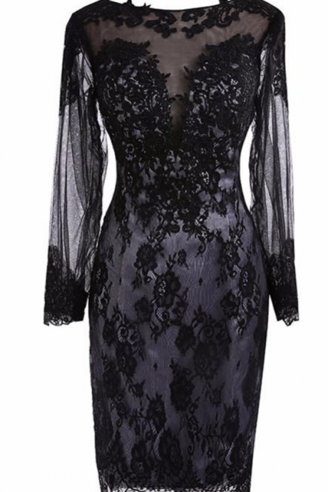 Real Photos Black Lace Short Homecoming Dresses See Through Back Full Sleeves Formal Women&amp;#039;s Prom Party Gowns Vestido De Festa