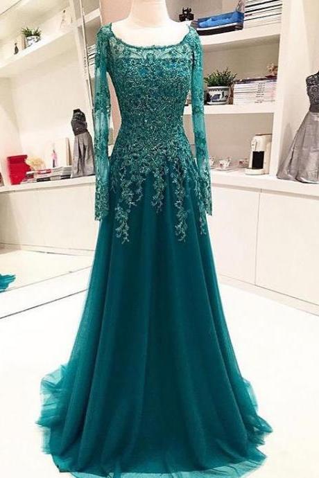 Real Photos Evening Dresses 2022 Mother Of Bride Dresses With Long Sleeves Teal Blue A Line Scoop Beaded Appliques Lace Zipper Long Train