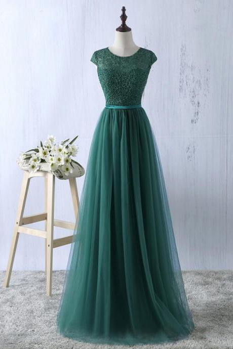Cap Sleeves Prom Dress Dark Green Evening Dress Tulle Party Dress Formal Bridesmamaid Dress,custom Made