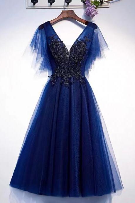 Navy Blue Evening Dress, Style, V-neck, Simple Birthday Party Dress,custom Made