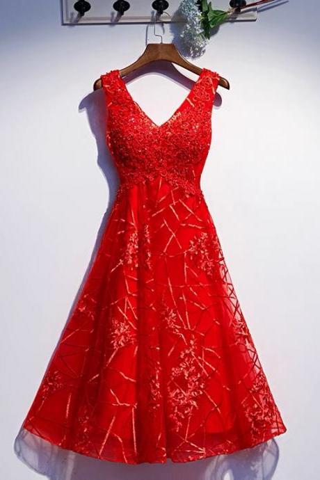 , Red Homecoming Dress, Elegant Midi Dress With Beads,custom Made