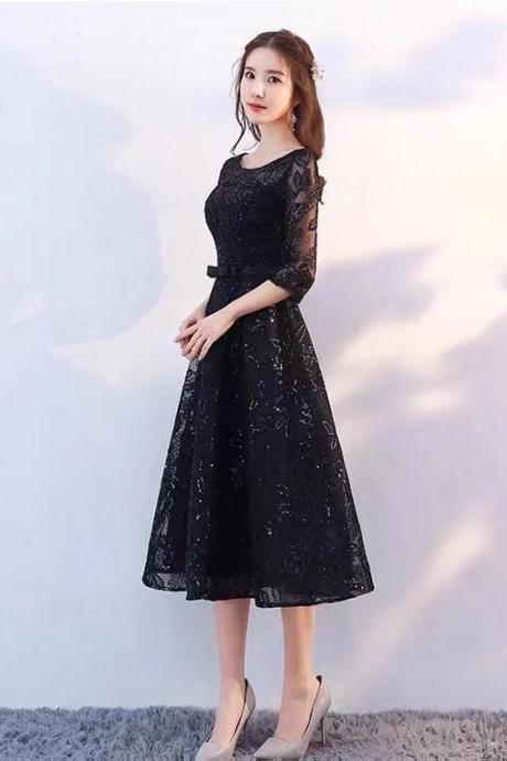Mid-sleeve Evening Dress, Long Black Evening Dress, Lace Party Gown,custom Made