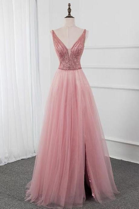 Pink Evening Dress, Temperament V-neck Prom Dress,beaded Party Dress,custom Made
