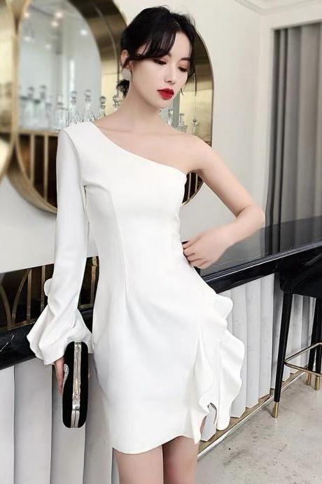 White Little Evening Dress, One-shoulder Prom Dress, Light Luxury Party Dress,custom Made