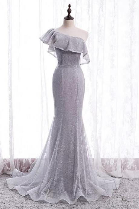 One Shoulder Evening Dress, Style, Long Mermaid Dress, Grey Elegant Dress,custom Made