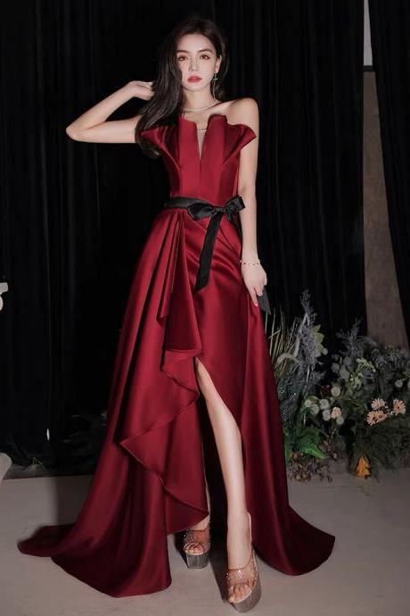 Burgundy Prom Dress, Strapless Evening Dress, Drag Dress,custom Made