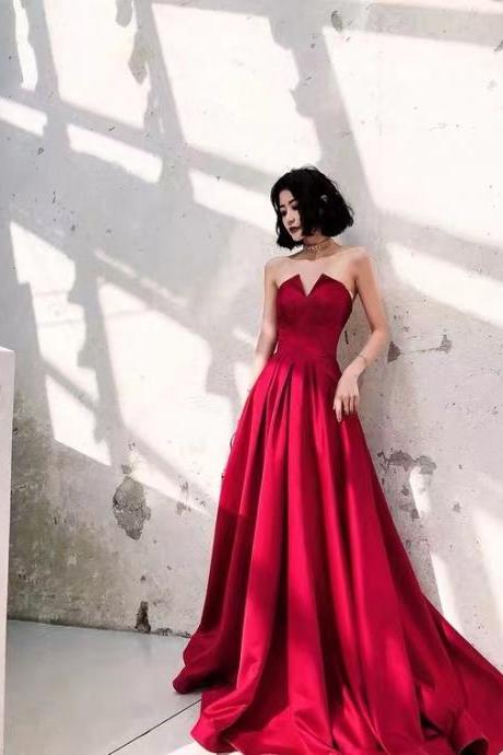 Red prom dress,strapless party dress,sexy slit evening dress,Custom Made