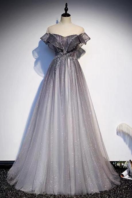 Grey starry prom dress, Hepburn style ,off shoulder beaded evening dress,Custom Made
